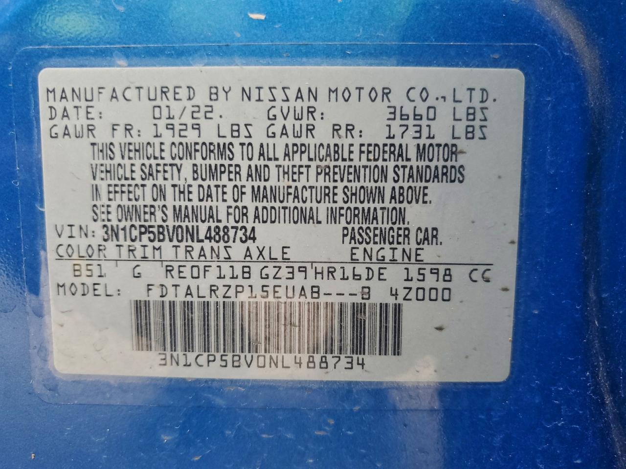 2022 Nissan Kicks S VIN: 3N1CP5BV0NL488734 Lot: 93633575