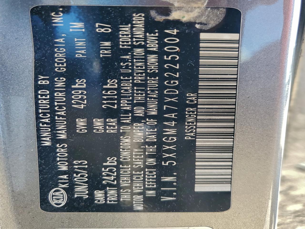 2013 Kia Optima Lx VIN: 5XXGM4A7XDG225004 Lot: 93465475