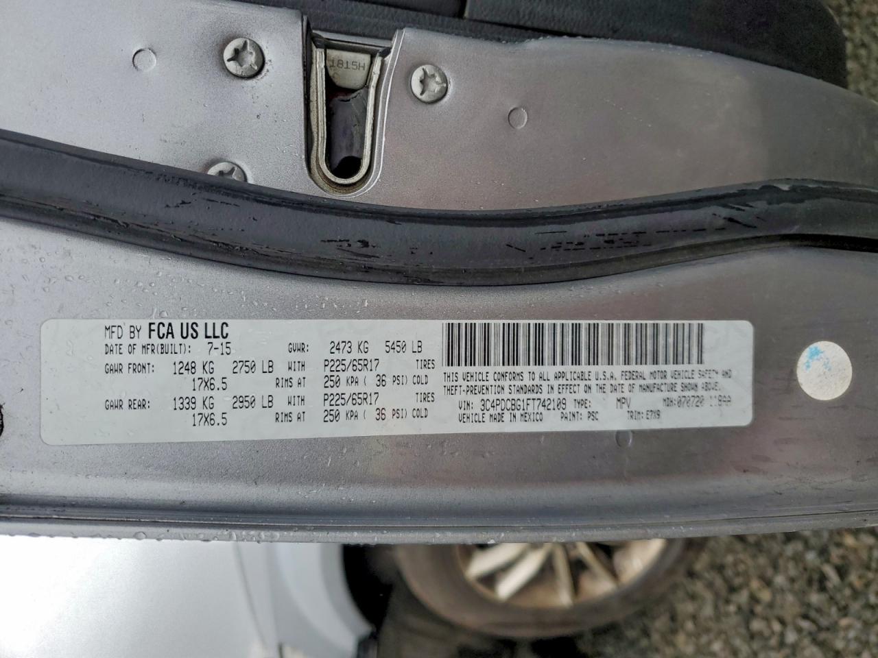 2015 Dodge Journey Sxt VIN: 3C4PDCBG1FT742109 Lot: 94513795