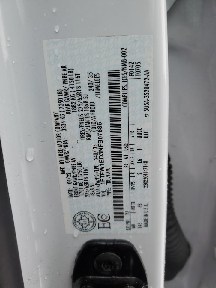 2022 Ford F150 Supercrew VIN: 1FTFW1ED3NFB07686 Lot: 92375755