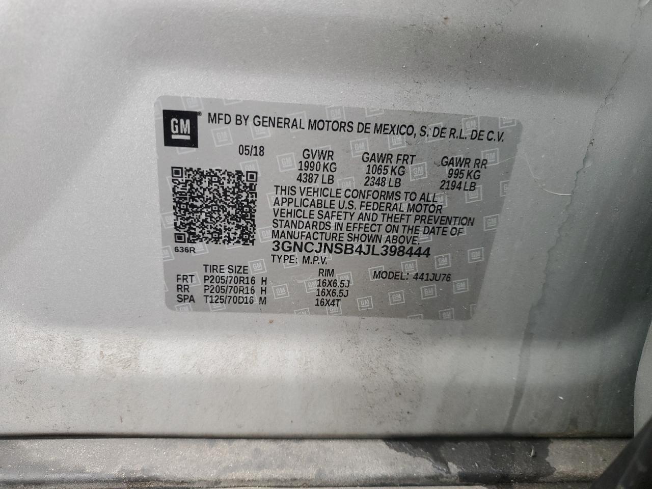 2018 Chevrolet Trax Ls VIN: 3GNCJNSB4JL398444 Lot: 93344475