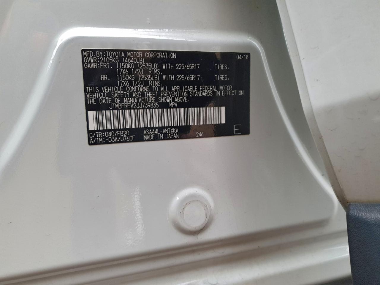 2018 Toyota Rav4 Le VIN: JTMBFREV2JJ739835 Lot: 94589815