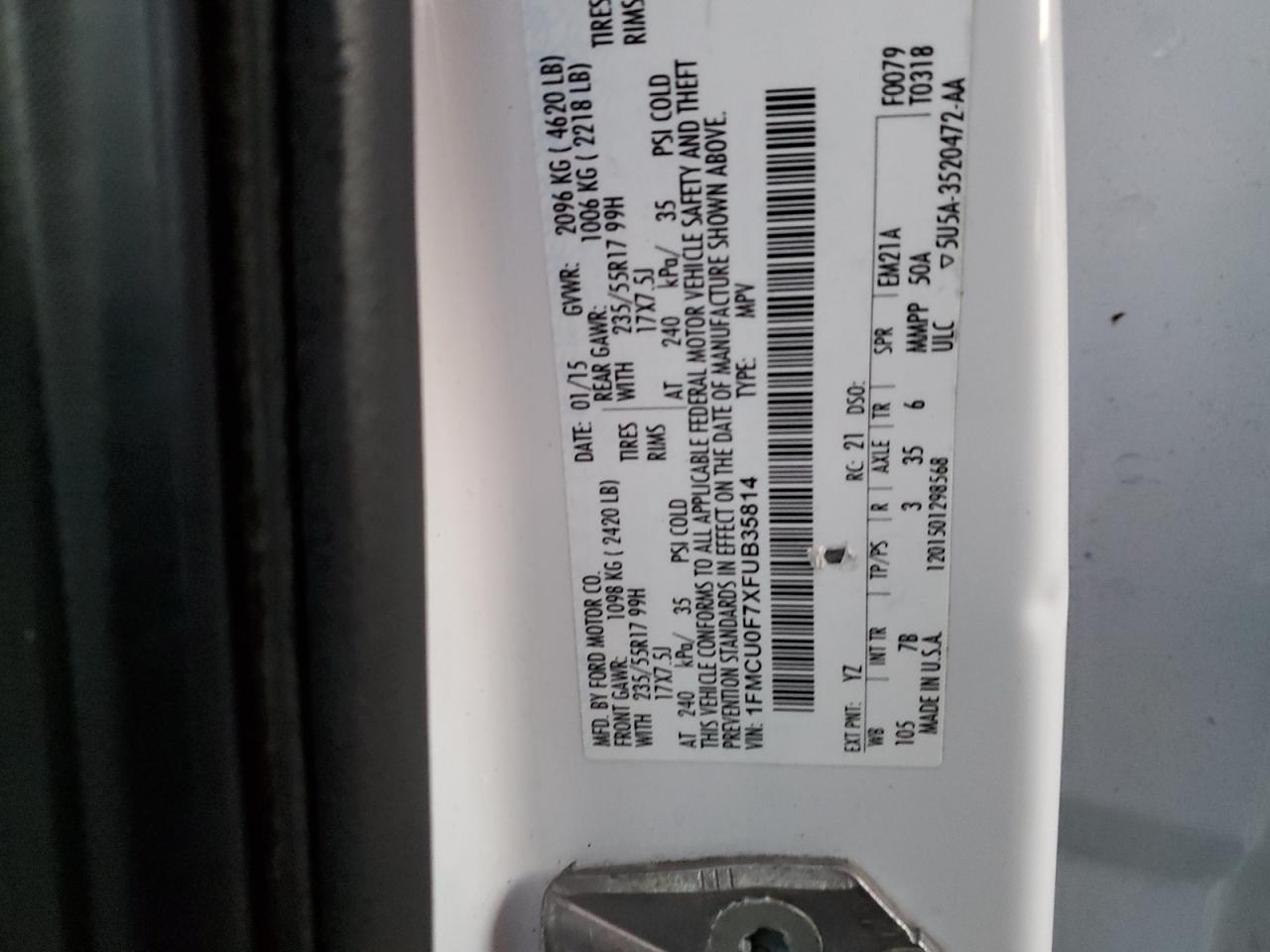 2015 Ford Escape S VIN: 1FMCU0F7XFUB35814 Lot: 92605005