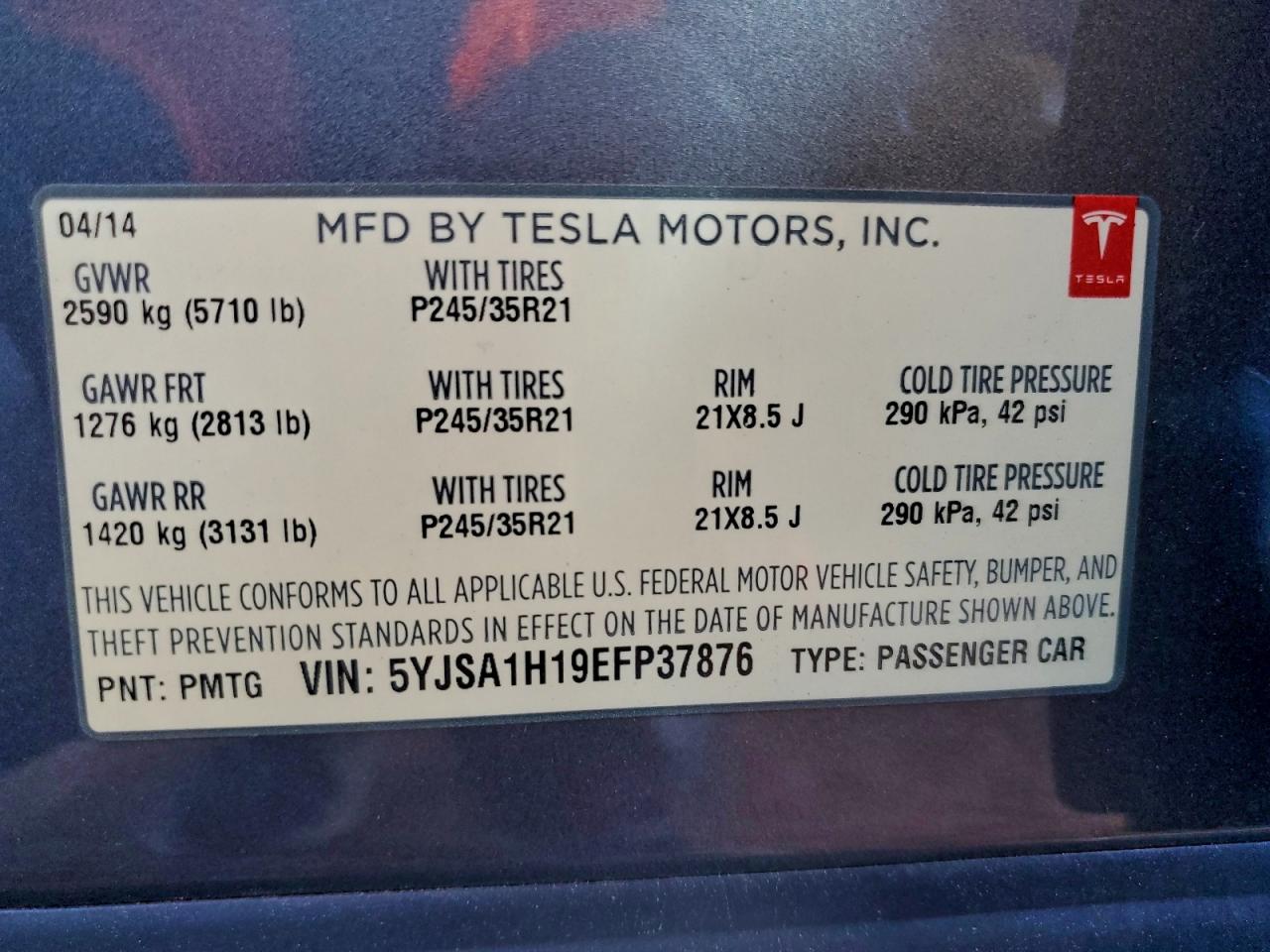 2014 Tesla Model S VIN: 5YJSA1H19EFP37876 Lot: 94550645