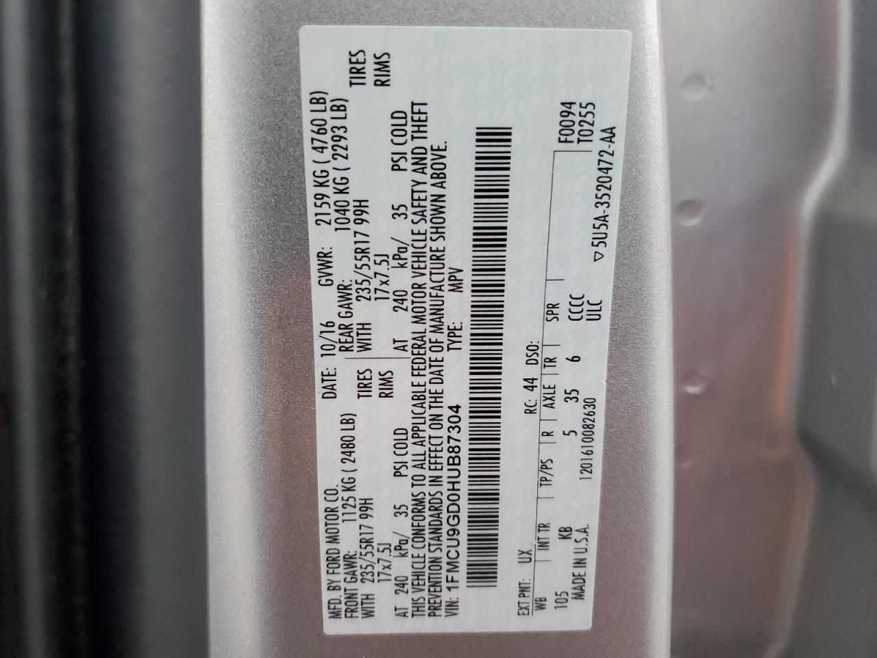 2017 Ford Escape Se VIN: 1FMCU9GD0HUB87304 Lot: 92894035