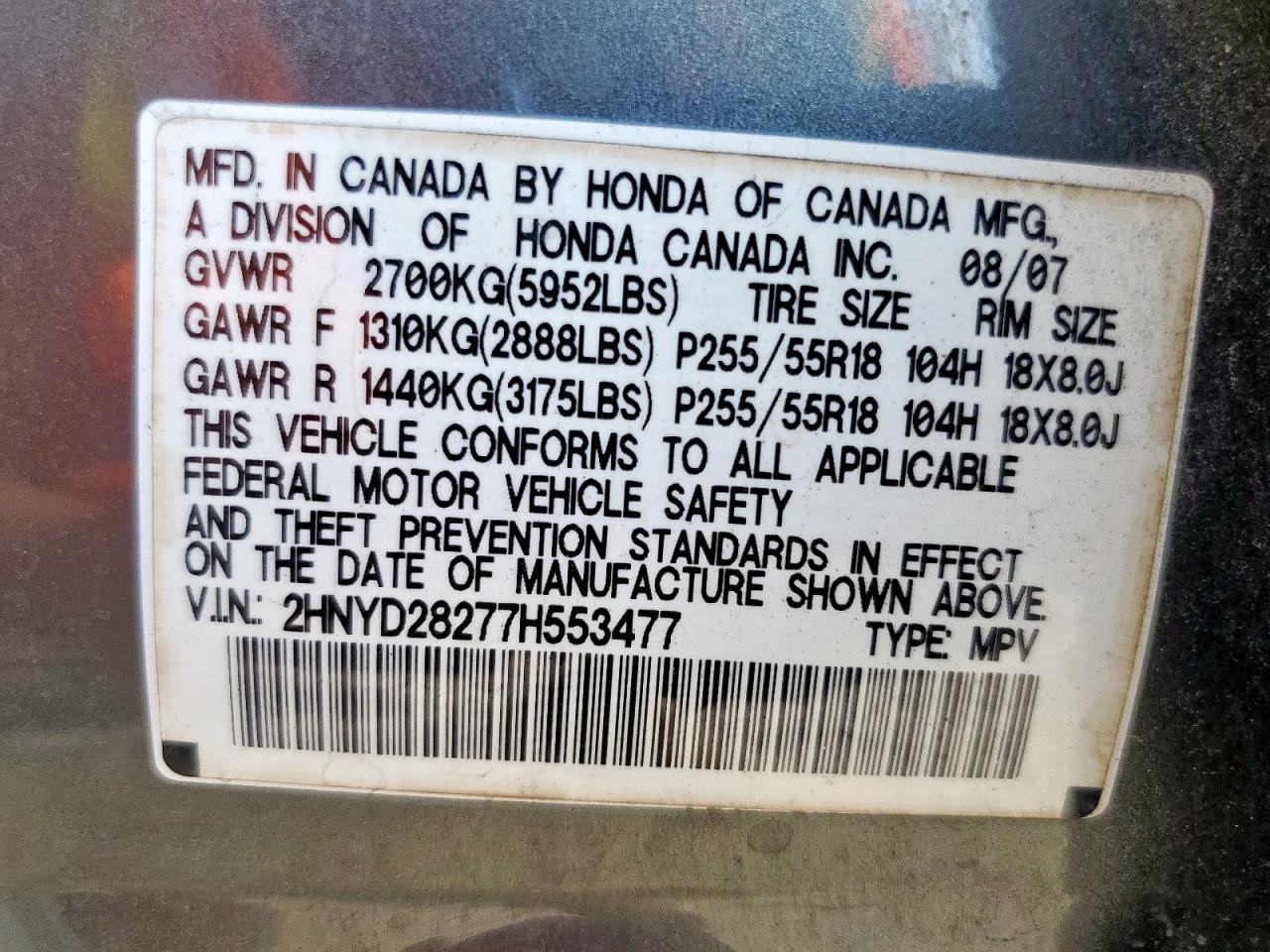 2007 Acura Mdx VIN: 2HNYD28277H553477 Lot: 93149365