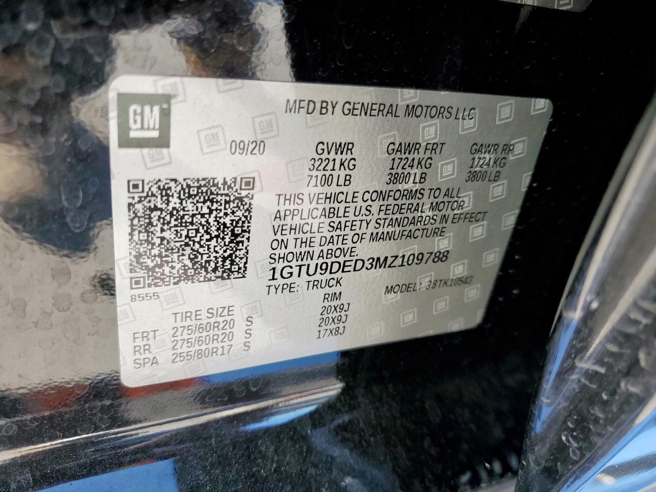 2021 GMC Sierra K1500 Slt VIN: 1GTU9DED3MZ109788 Lot: 91842325