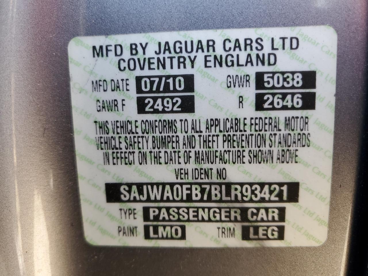 2011 Jaguar Xf VIN: SAJWA0FB7BLR93421 Lot: 91351175