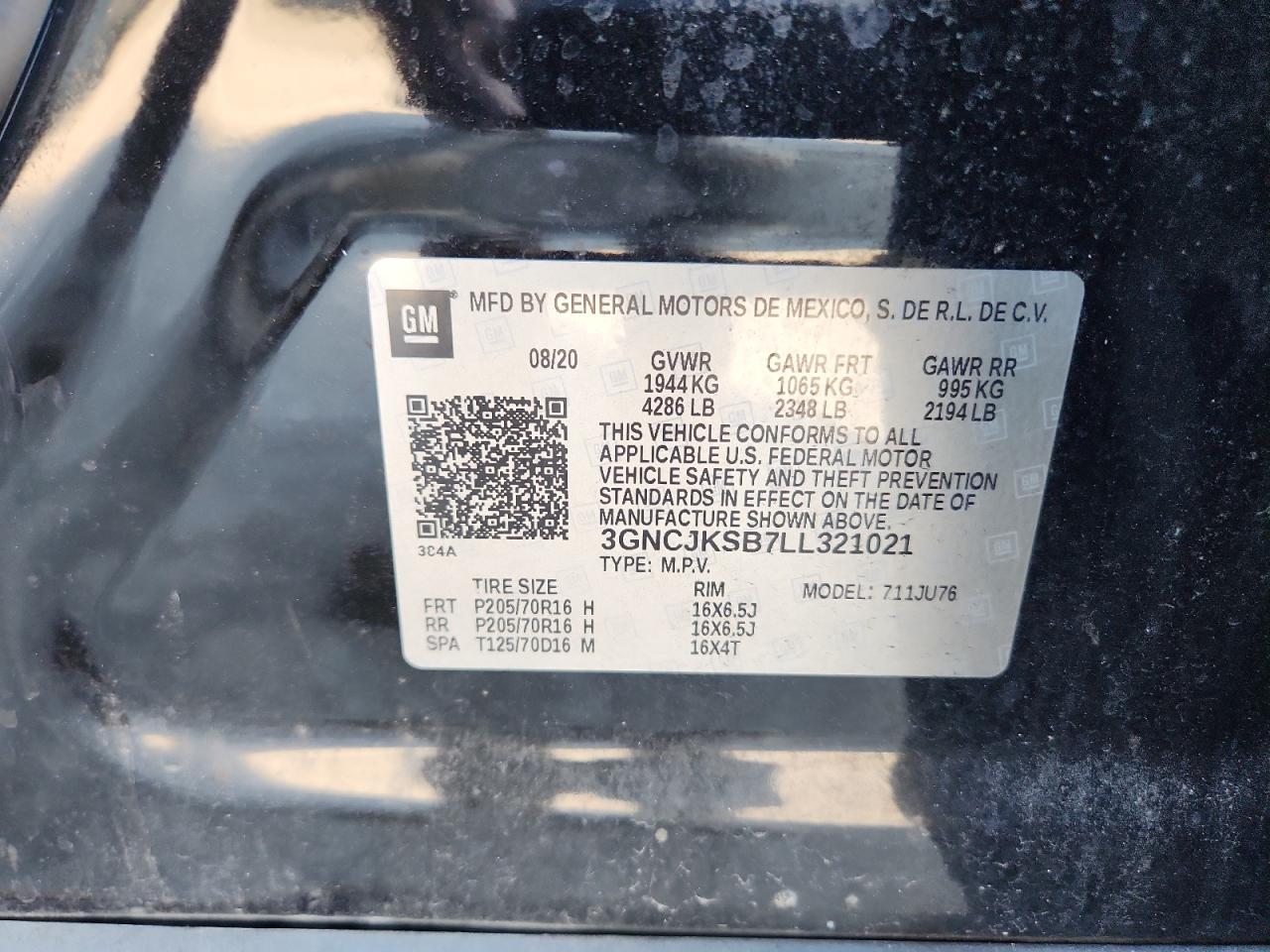 2020 Chevrolet Trax Ls VIN: 3GNCJKSB7LL321021 Lot: 93539395