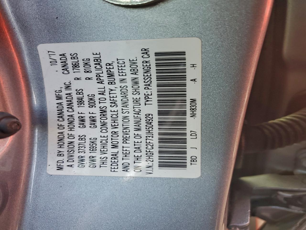 2018 Honda Civic Ex VIN: 2HGFC2F73JH504929 Lot: 94124405