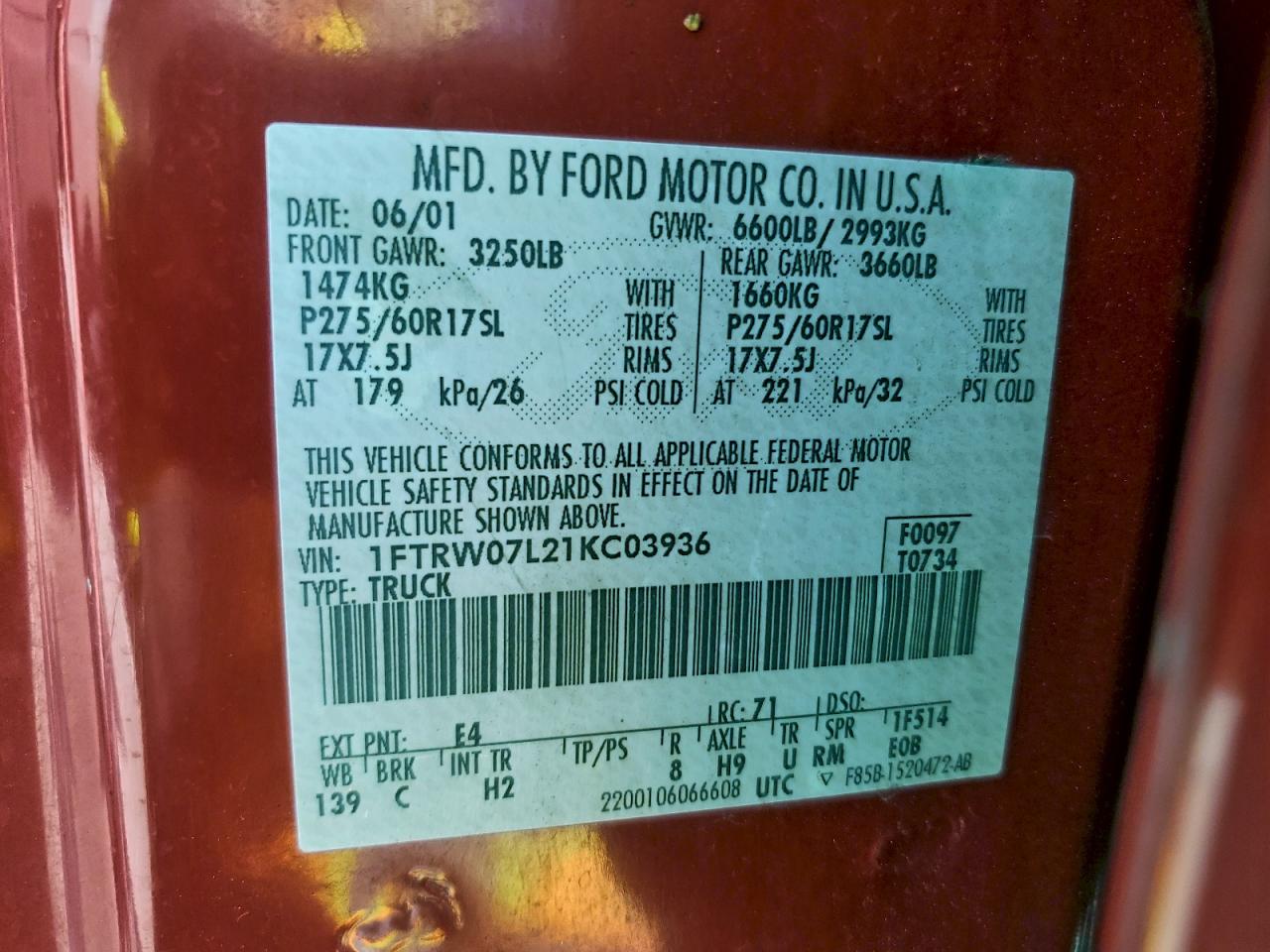 2001 Ford F150 Supercrew VIN: 1FTRW07L21KC03936 Lot: 93301835