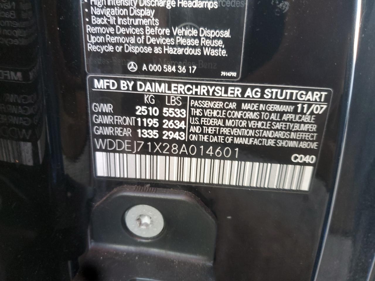 2008 Mercedes-Benz Cl 550 VIN: WDDEJ71X28A014601 Lot: 91601465