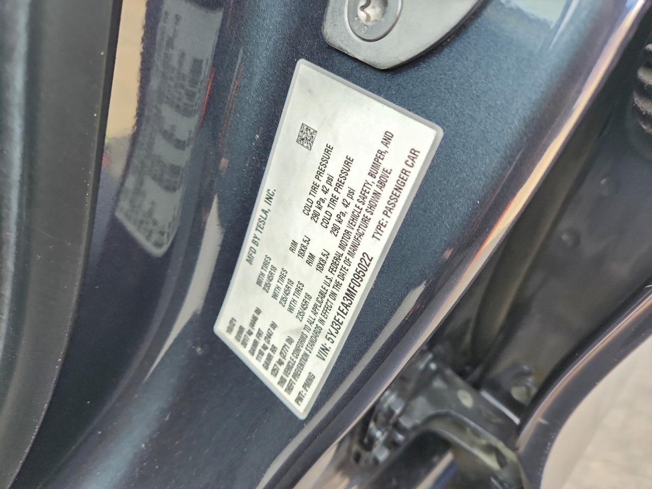 2021 Tesla Model 3 VIN: 5YJ3E1EA3MF095022 Lot: 92999005