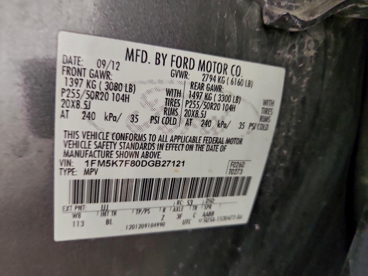 2013 Ford Explorer Limited VIN: 1FM5K7F80DGB27121 Lot: 93433225