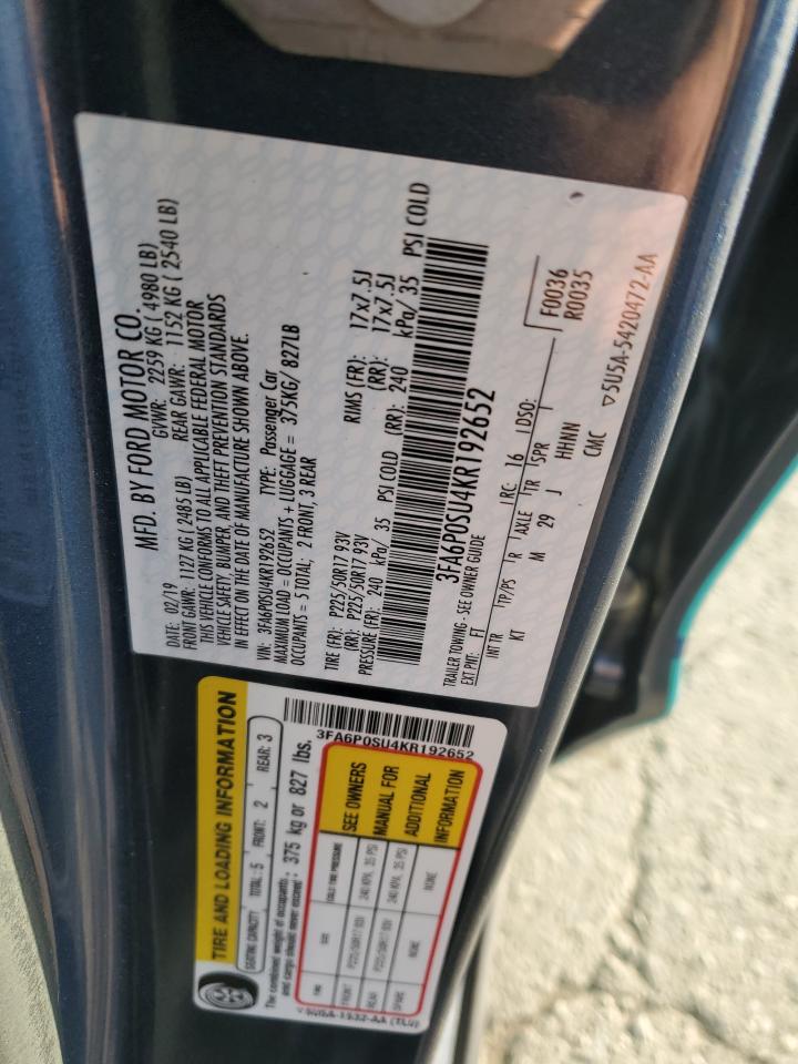 2019 Ford Fusion Titanium VIN: 3FA6P0SU4KR192652 Lot: 93058645