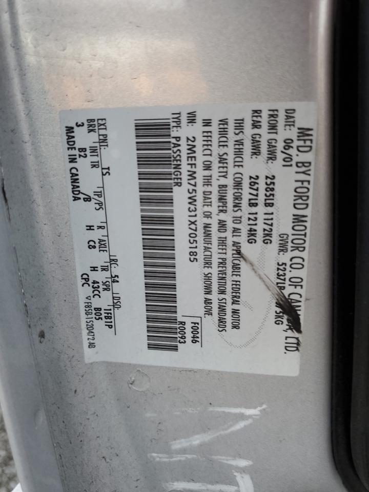 2001 Mercury Grand Marquis Ls VIN: 2MEFM75W31X705185 Lot: 92100765