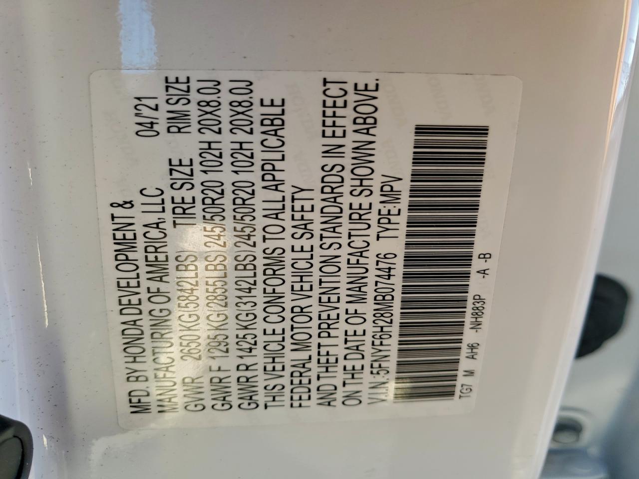 2021 Honda Pilot Se VIN: 5FNYF6H28MB074476 Lot: 93333035