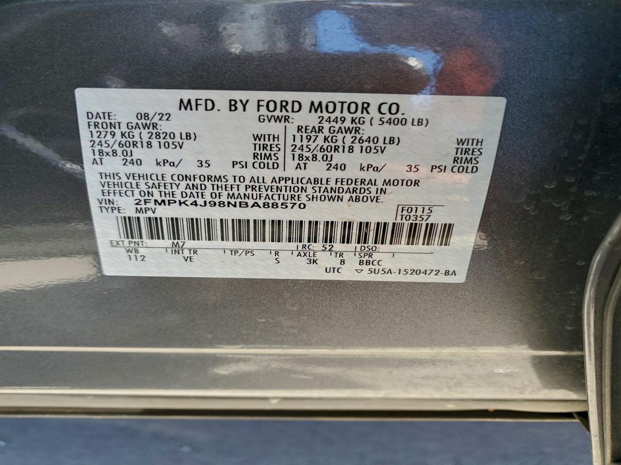 2022 Ford Edge Sel VIN: 2FMPK4J98NBA88570 Lot: 91195265