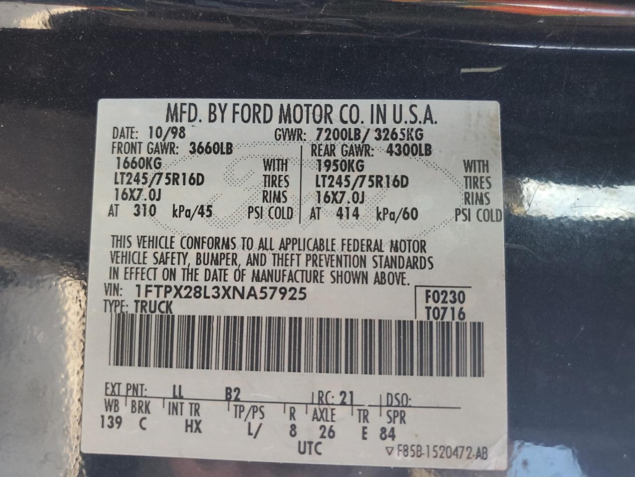 1999 Ford F250 VIN: 1FTPX28L3XNA57925 Lot: 92632505