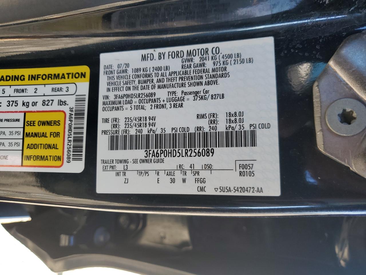 2020 Ford Fusion Se VIN: 3FA6P0HD5LR256089 Lot: 90854035