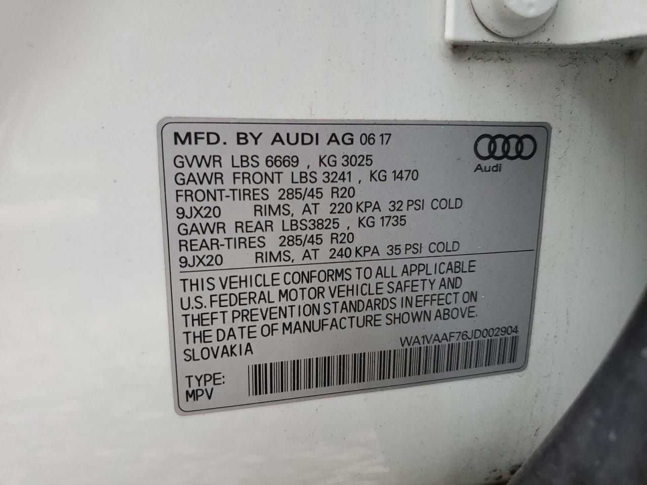 2018 Audi Q7 Prestige VIN: WA1VAAF76JD002904 Lot: 91279735