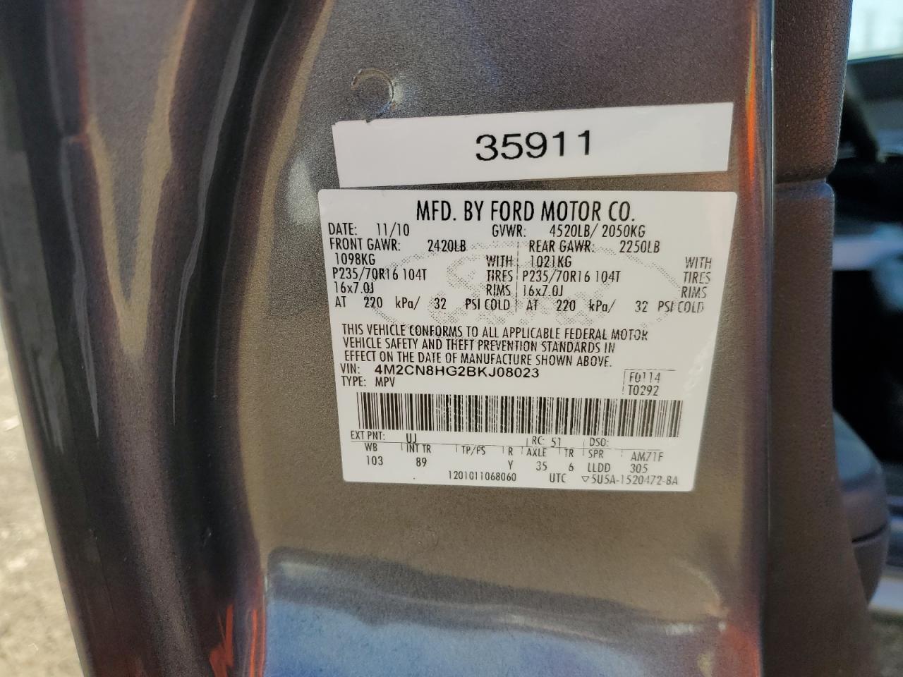 2011 Mercury Mariner Premier VIN: 4M2CN8HG2BKJ08023 Lot: 91724555