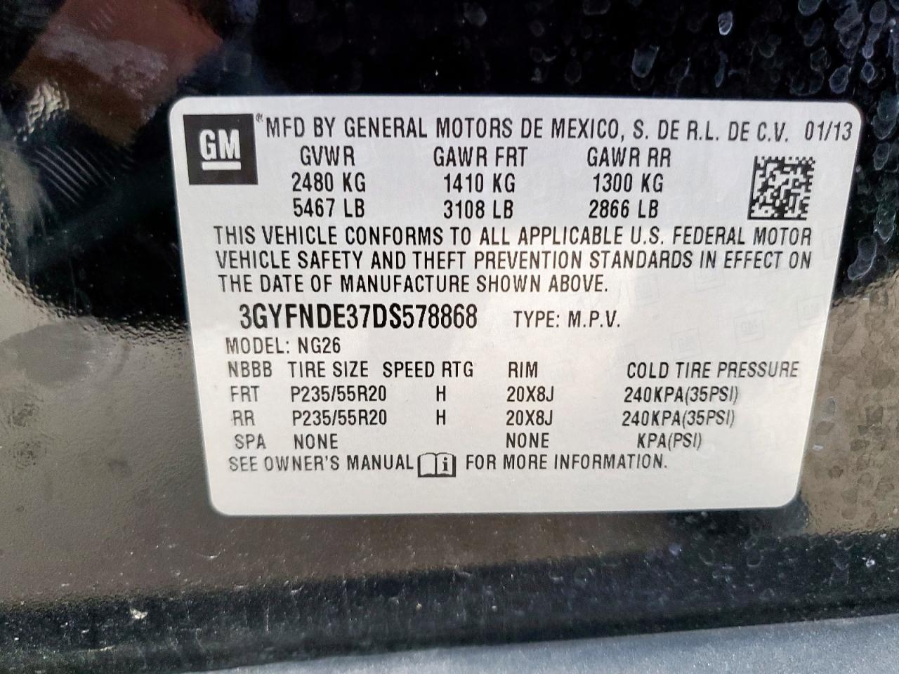 2013 Cadillac Srx Performance Collection VIN: 3GYFNDE37DS578868 Lot: 93350815