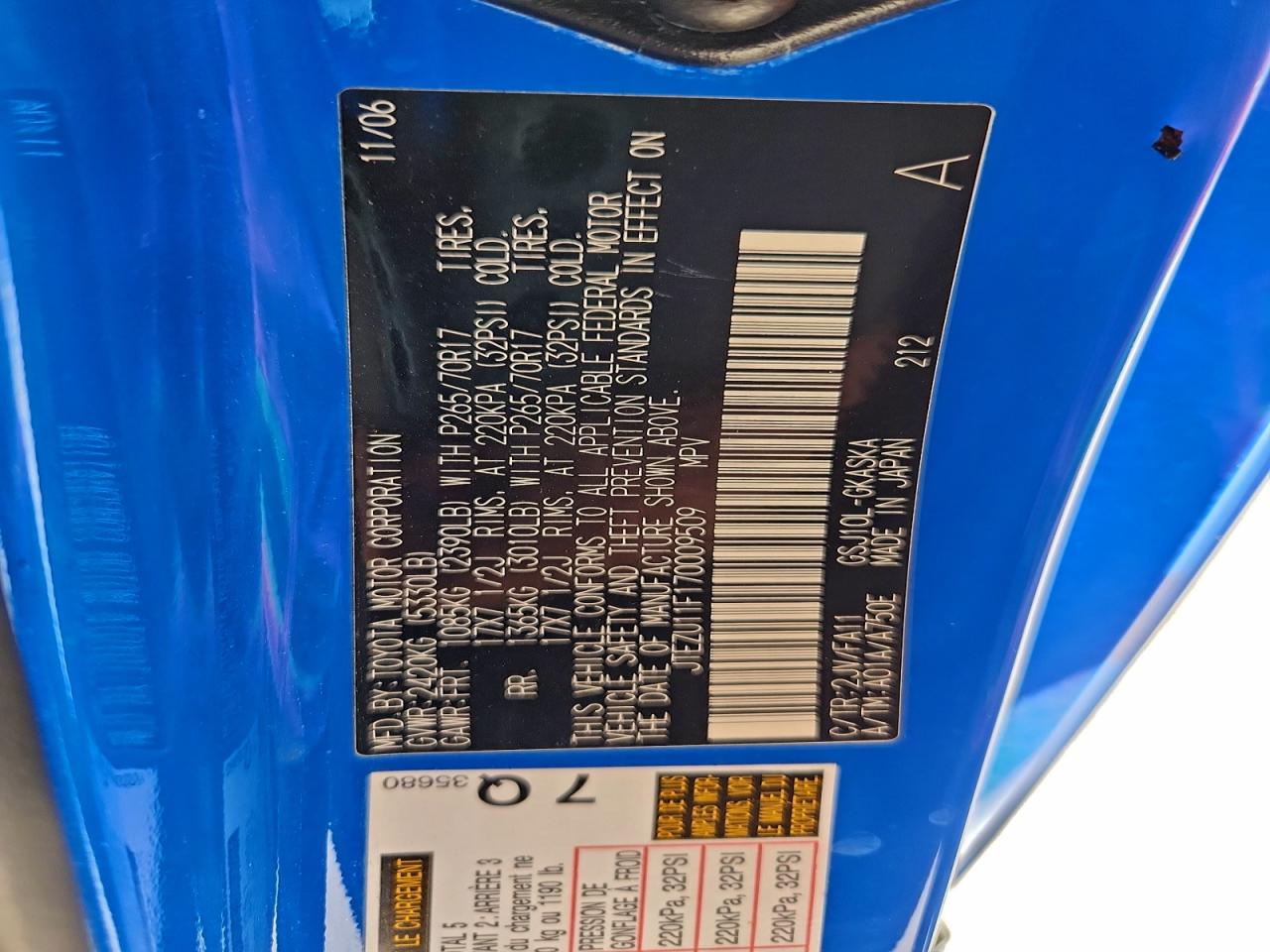 2007 Toyota Fj Cruiser VIN: JTEZU11F170009509 Lot: 93765175