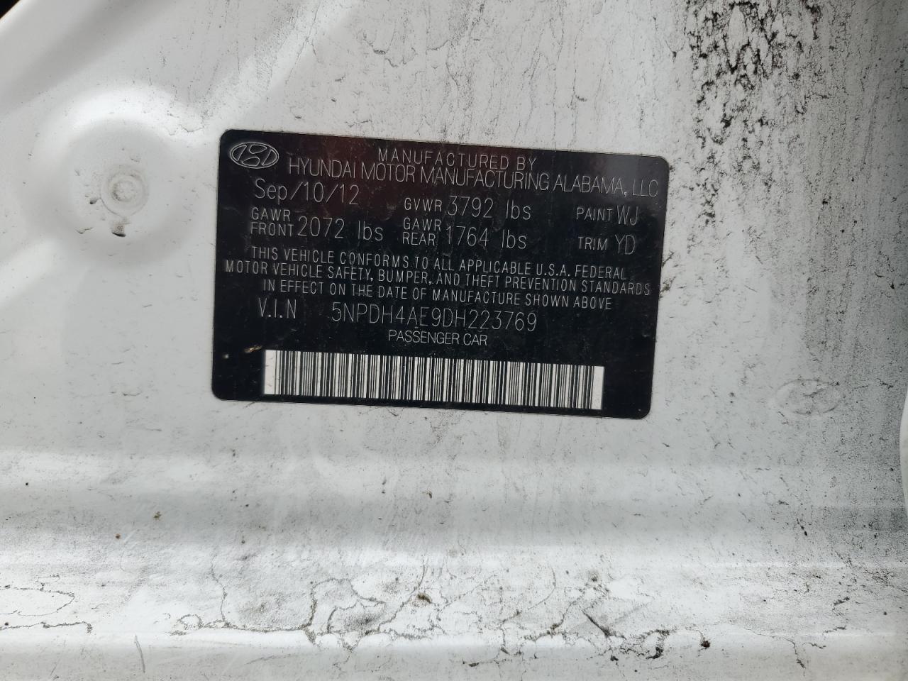 2013 Hyundai Elantra Gls VIN: 5NPDH4AE9DH223769 Lot: 93356645