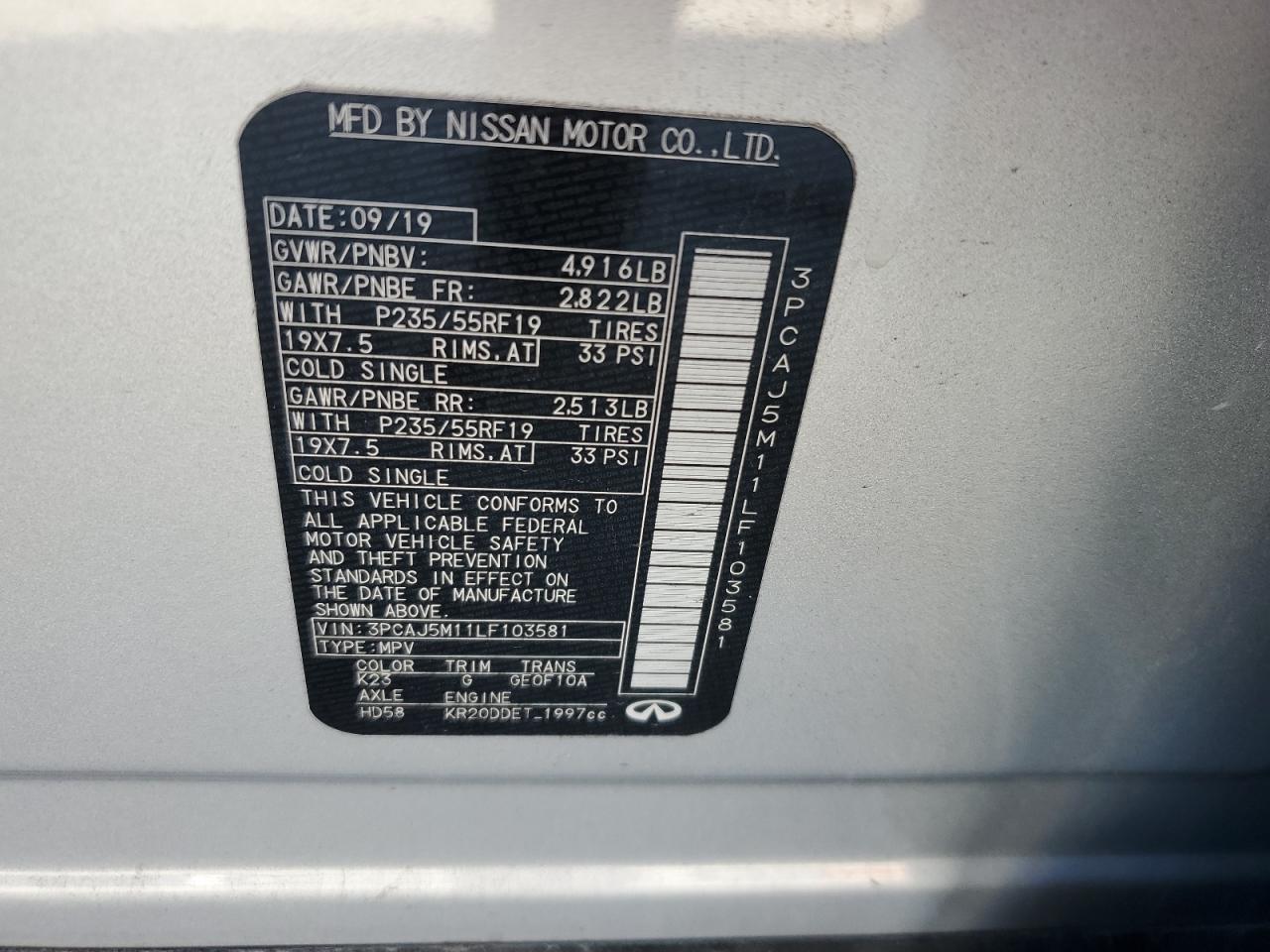 2020 Infiniti Qx50 Pure VIN: 3PCAJ5M11LF103581 Lot: 92666325