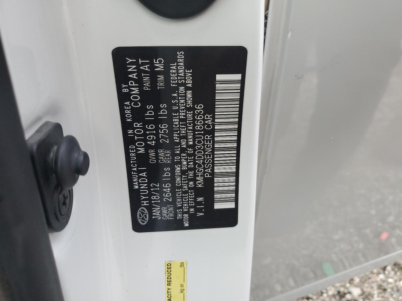 2012 Hyundai Genesis 3.8L VIN: KMHGC4DD3CU186636 Lot: 91896755