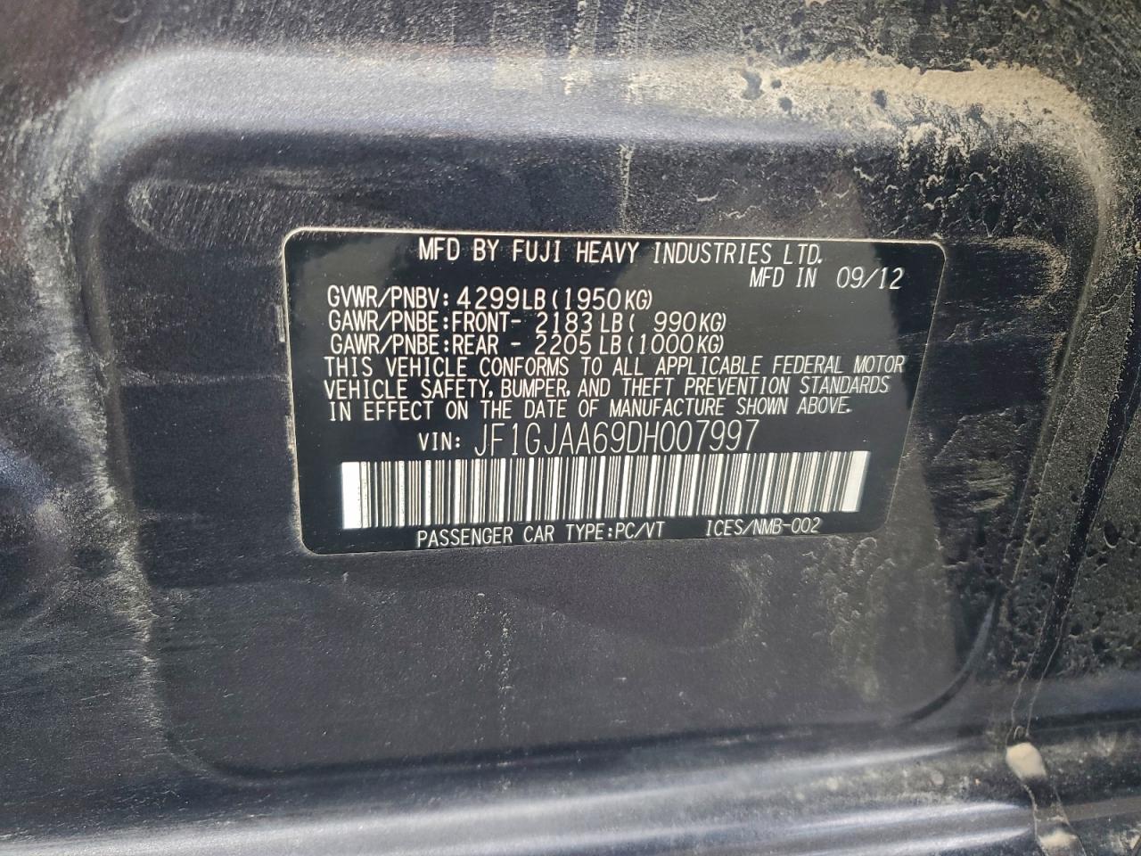 2013 Subaru Impreza VIN: JF1GJAA69DH007997 Lot: 92365255