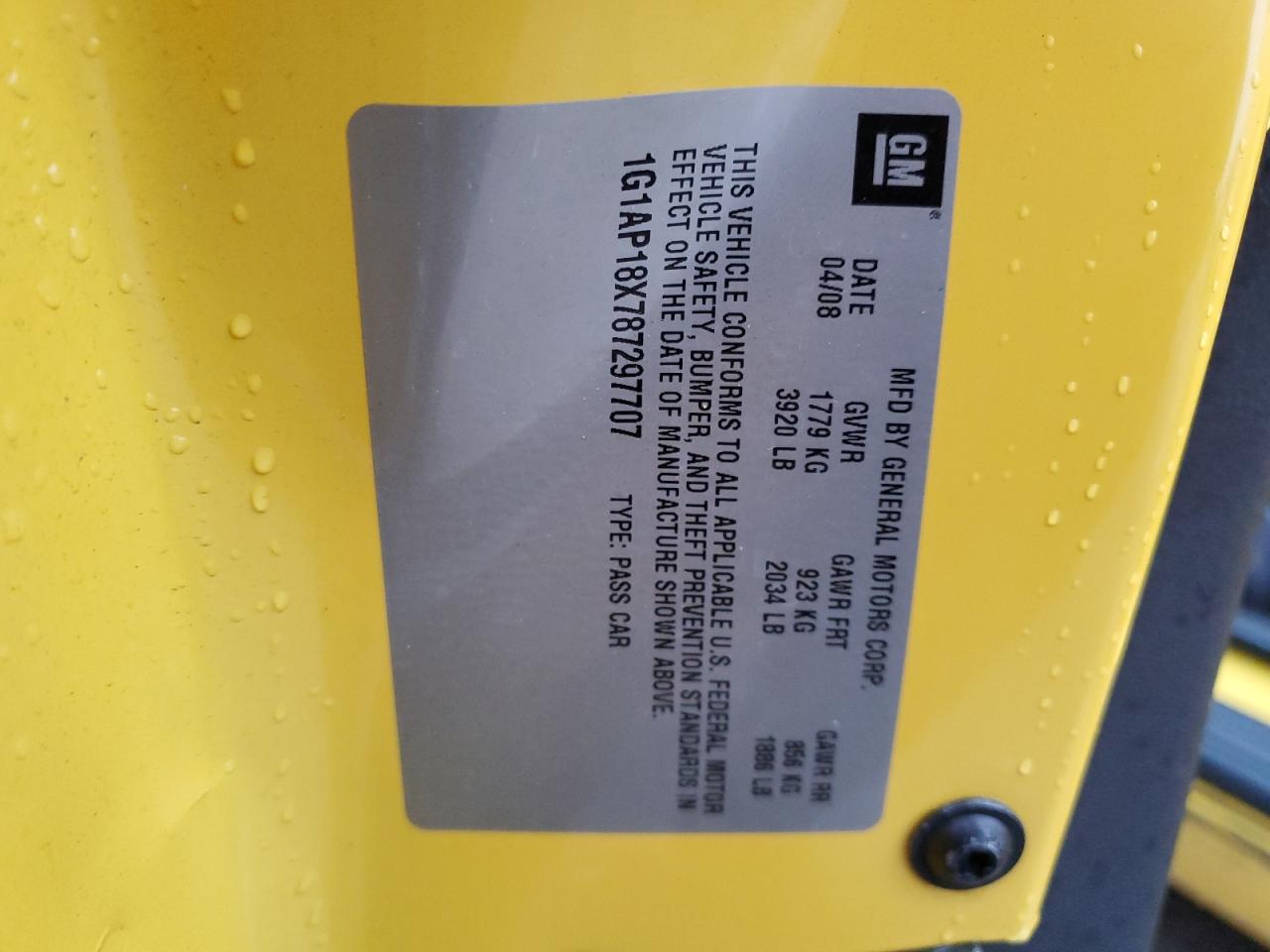 2008 Chevrolet Cobalt Ss VIN: 1G1AP18X787297707 Lot: 92874035