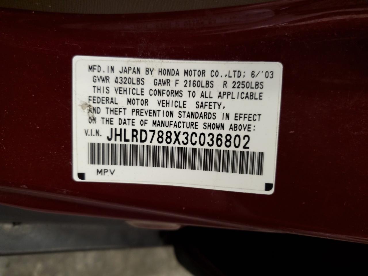 2003 Honda Cr-V Ex VIN: JHLRD788X3C036802 Lot: 93726335