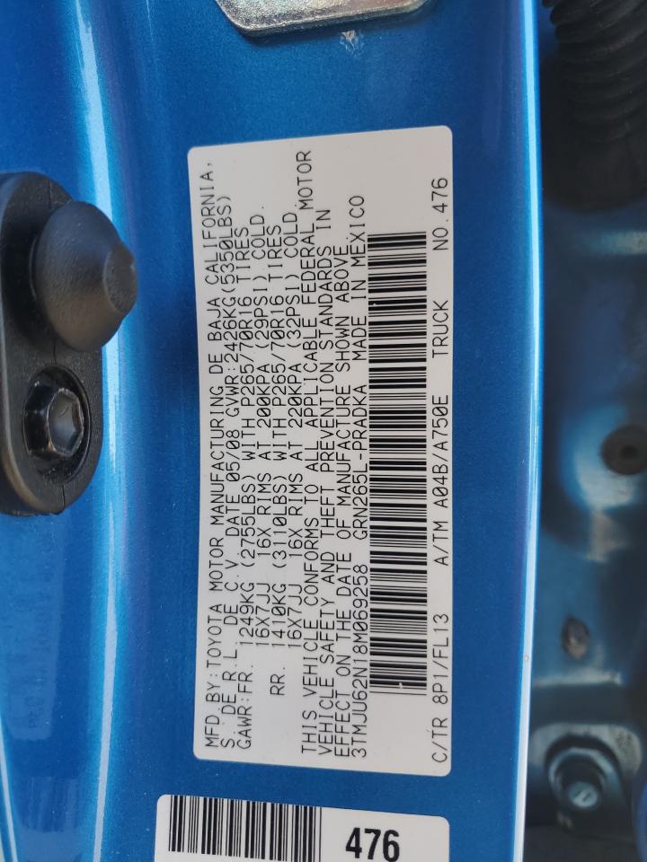 2008 Toyota Tacoma Double Cab Prerunner VIN: 3TMJU62N18M069258 Lot: 92992795