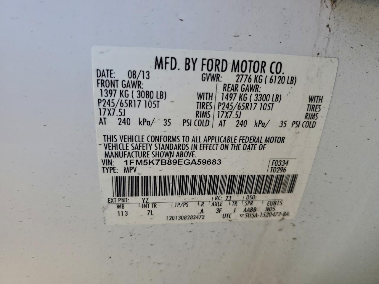 2014 Ford Explorer VIN: 1FM5K7B89EGA59683 Lot: 94115045