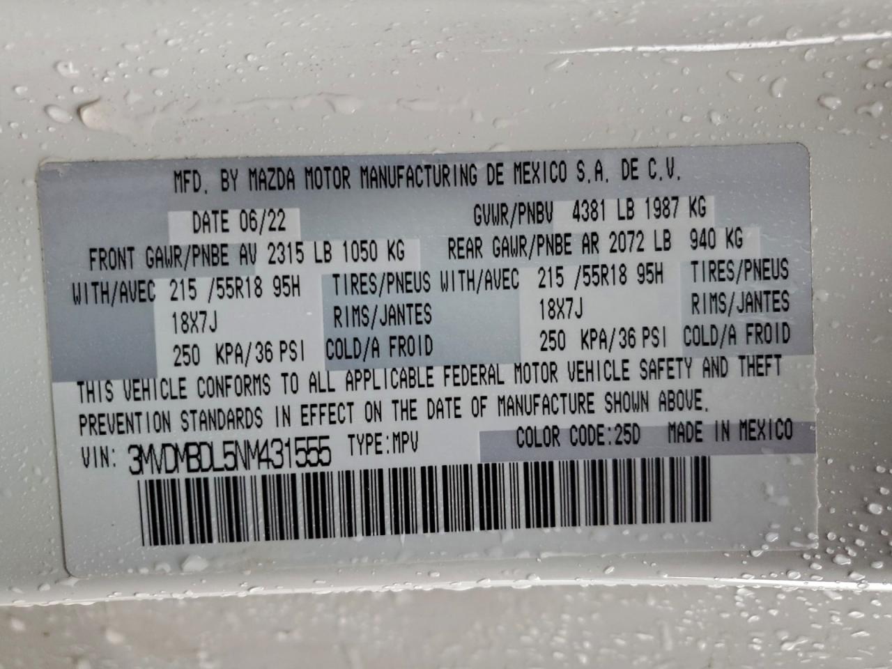 2022 Mazda Cx-30 Premium VIN: 3MVDMBDL5NM431555 Lot: 94198695