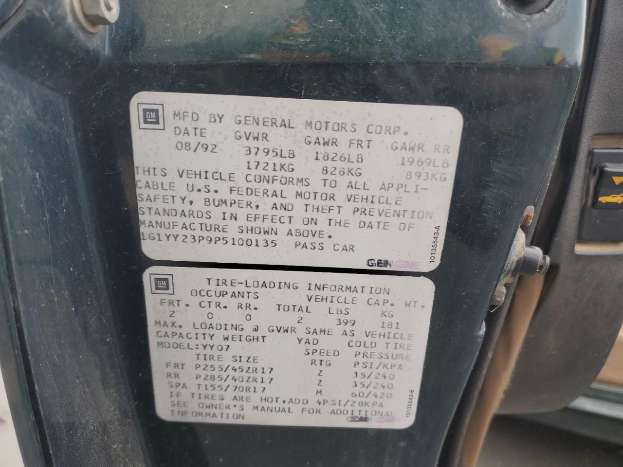 1993 Chevrolet Corvette VIN: 1G1YY23P9P5100135 Lot: 93556655