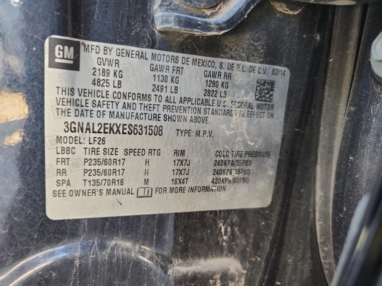 2014 Chevrolet Captiva Ls VIN: 3GNAL2EKXES631508 Lot: 90924355