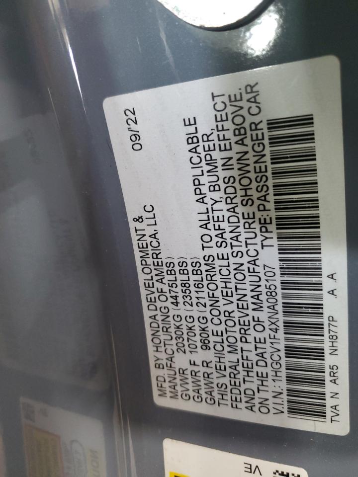 2022 Honda Accord Sport Se VIN: 1HGCV1F4XNA085107 Lot: 92984565