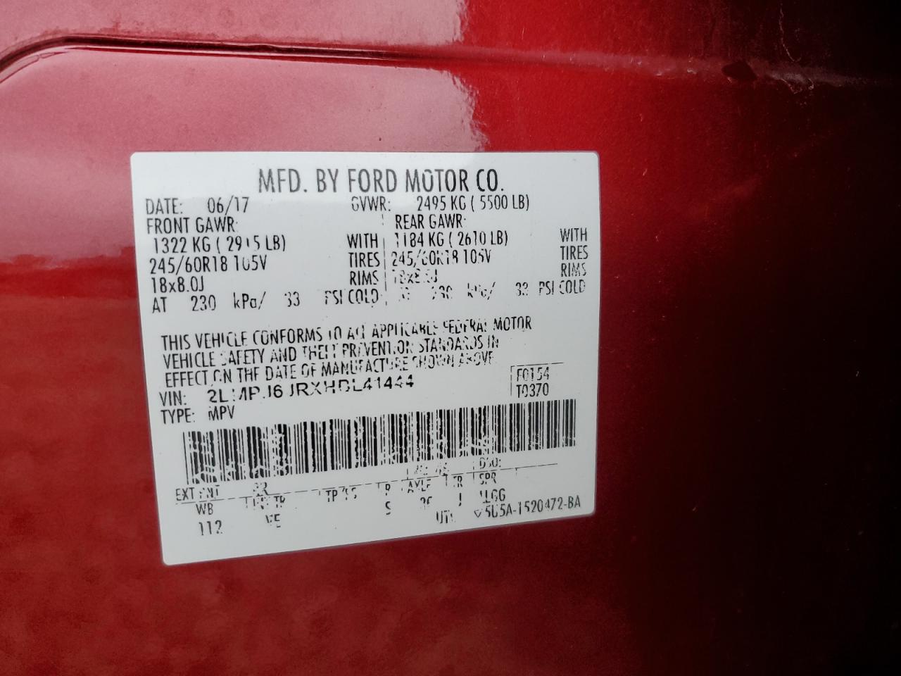 2017 Lincoln Mkx Premiere VIN: 2LMPJ6JRXHBL41444 Lot: 93225325