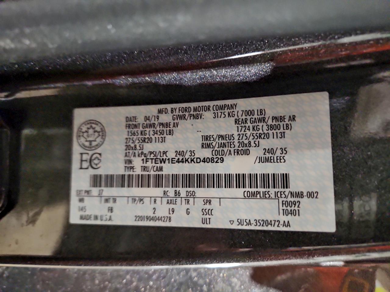 2019 Ford F150 Supercrew VIN: 1FTEW1E44KKD40829 Lot: 92765105