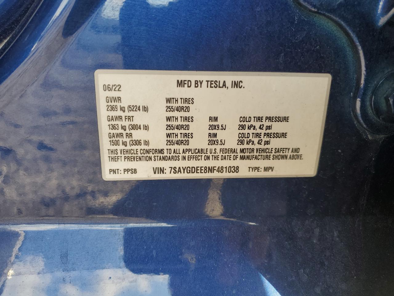 2022 Tesla Model Y VIN: 7SAYGDEE8NF481038 Lot: 93695305