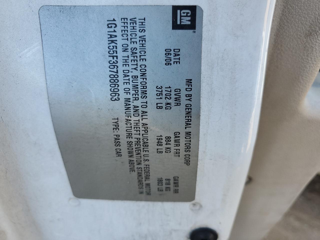 2006 Chevrolet Cobalt Ls VIN: 1G1AK55F367886963 Lot: 93848325