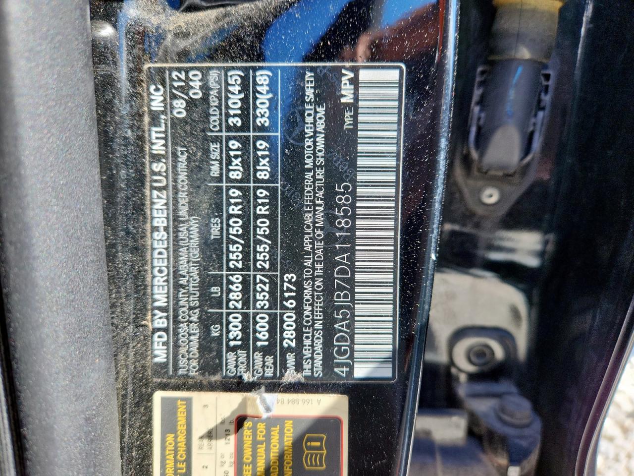 2013 Mercedes-Benz Ml 350 VIN: 4JGDA5JB7DA118585 Lot: 91424015