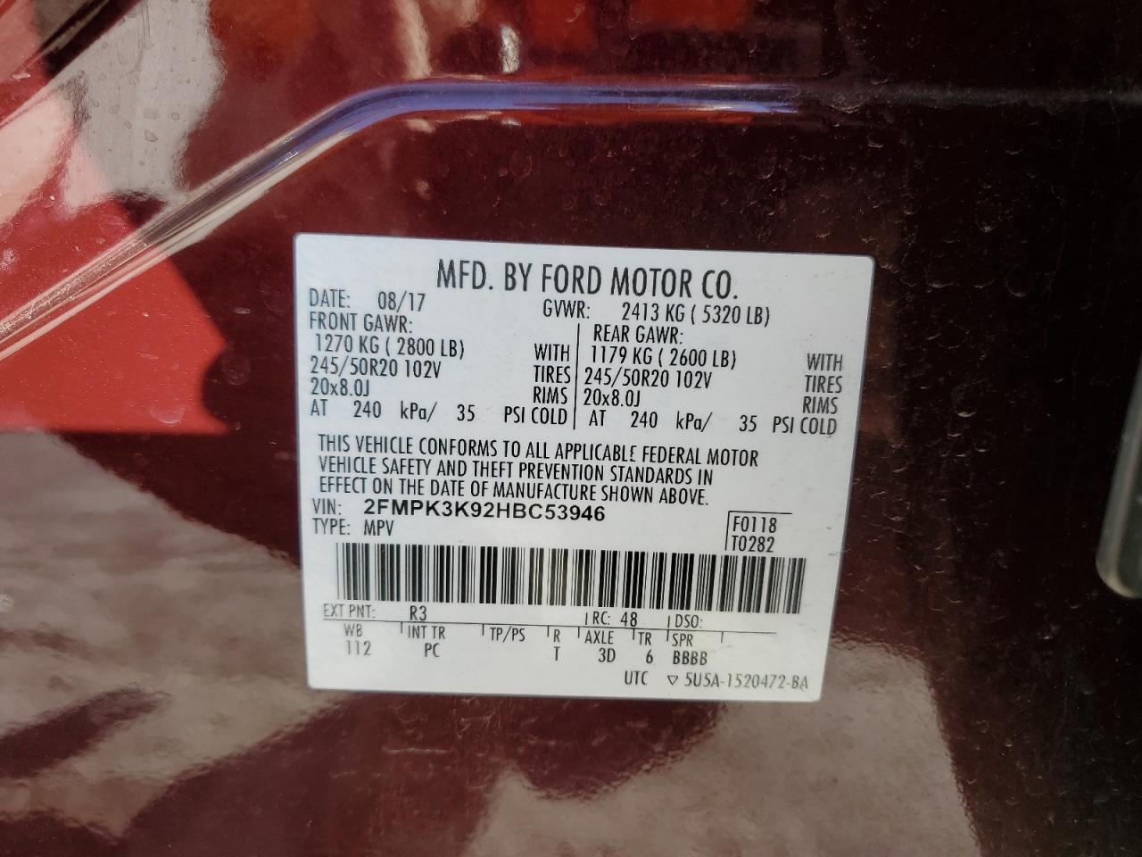 2017 Ford Edge Titanium VIN: 2FMPK3K92HBC53946 Lot: 91619485