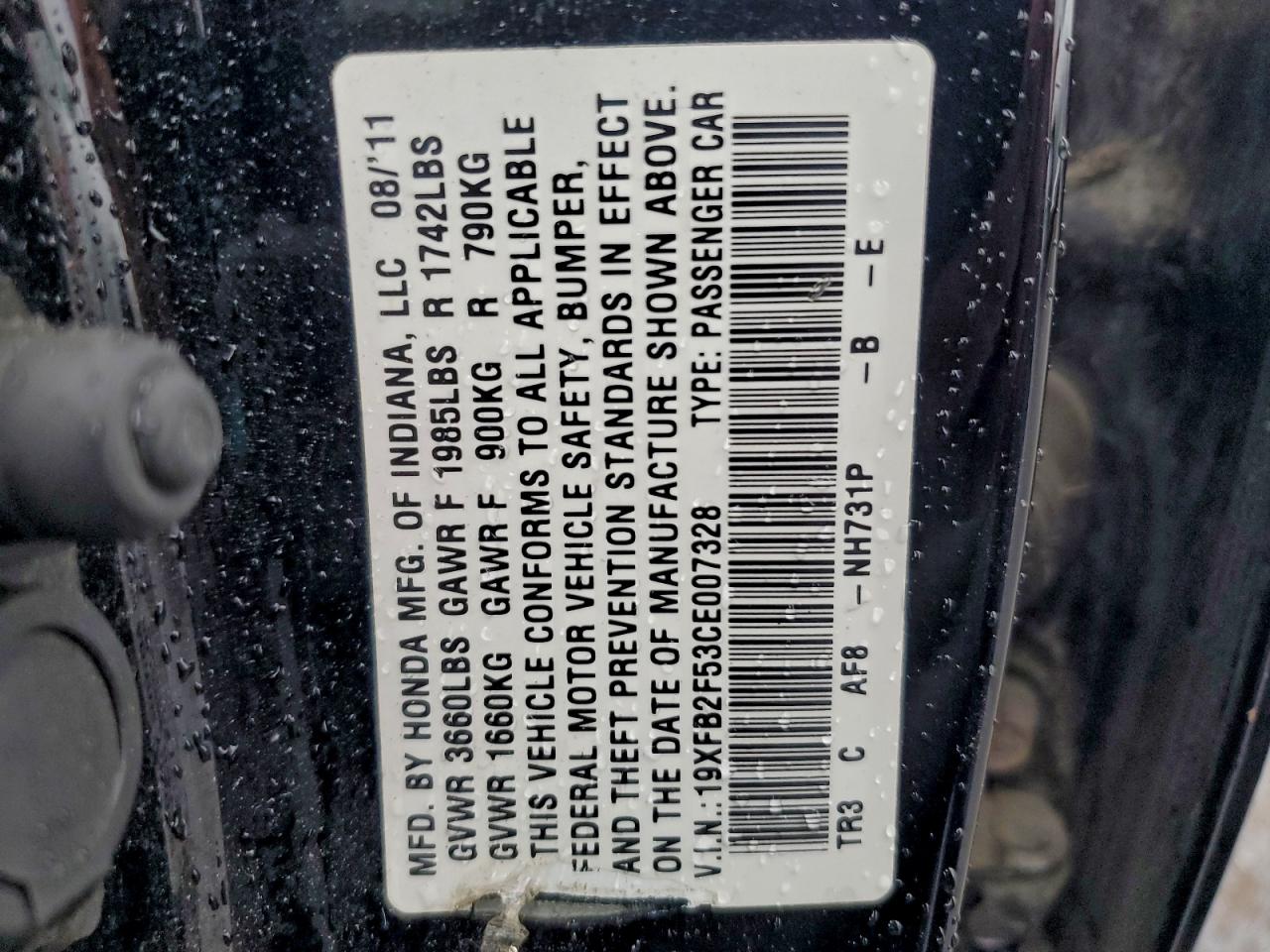 2012 Honda Civic Lx VIN: 19XFB2F53CE007328 Lot: 93604345