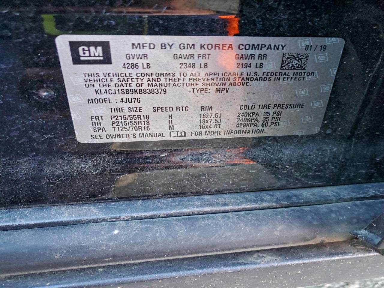 2019 Buick Encore Sport Touring VIN: KL4CJ1SB9KB838379 Lot: 94878945