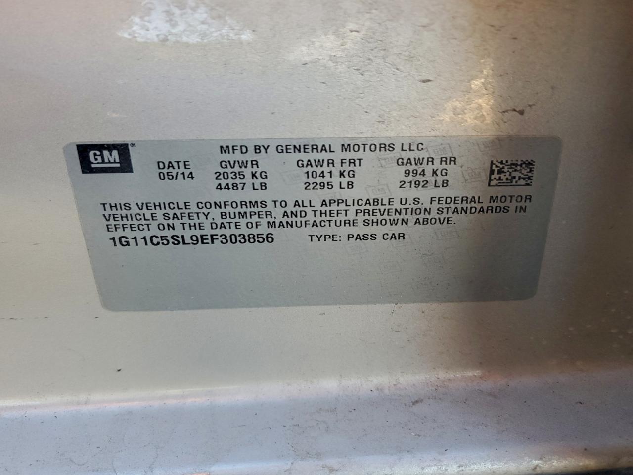 2014 Chevrolet Malibu 1Lt VIN: 1G11C5SL9EF303856 Lot: 93993505