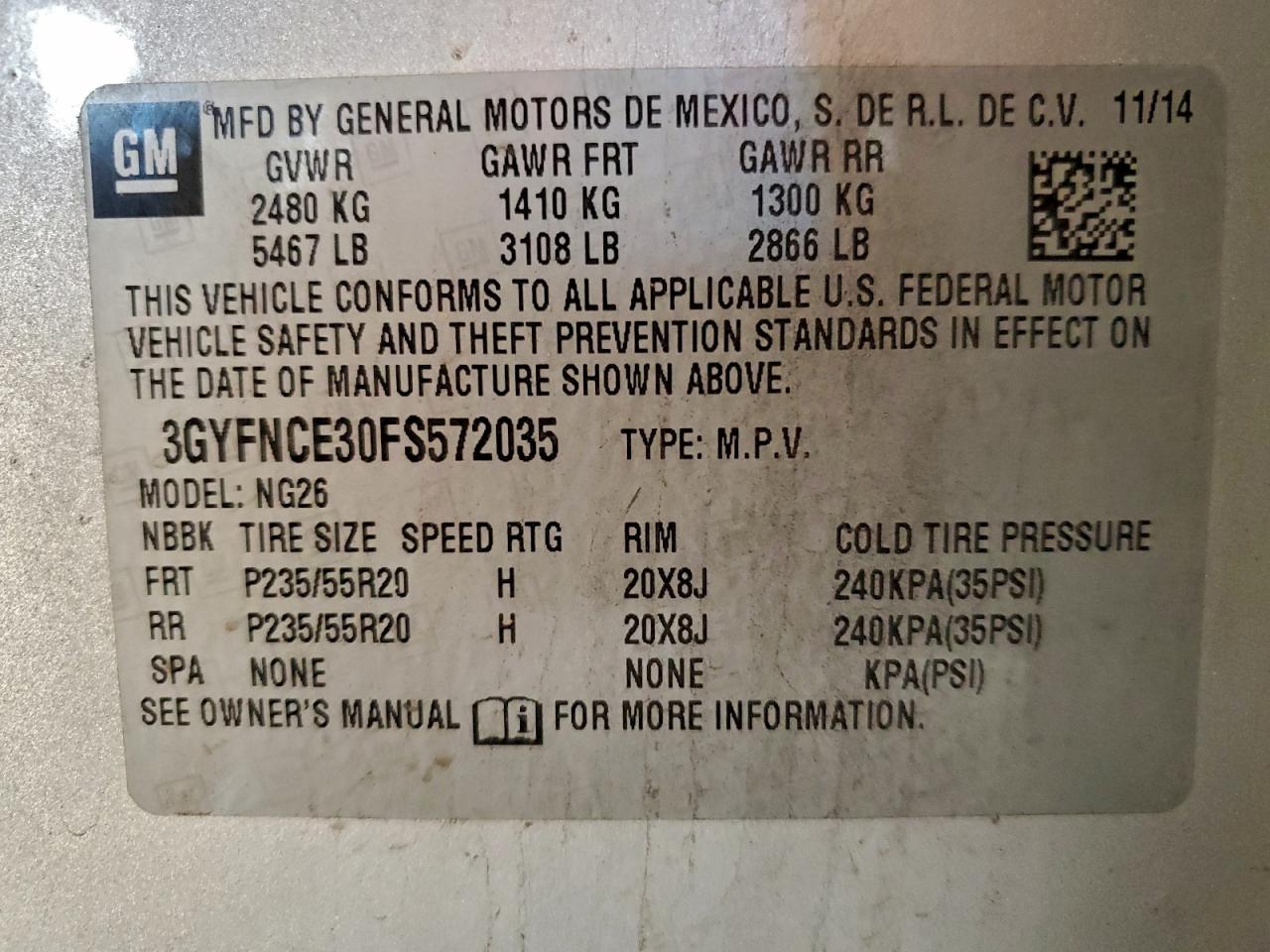 2015 Cadillac Srx Performance Collection VIN: 3GYFNCE30FS572035 Lot: 93343285
